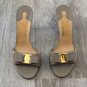 Salvatore Ferragamo Taupe Mules with Gold Accent